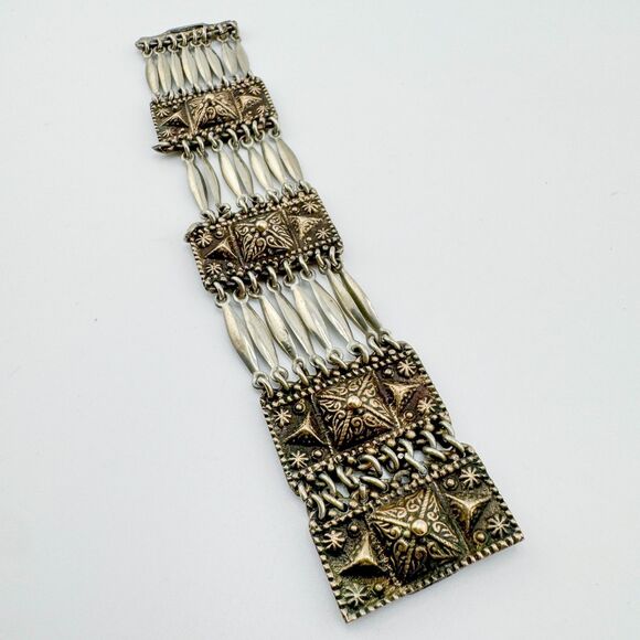 Vintage Mexico 925 Sterling Silver Panel Bracelet – Handcrafted Boho Design - Picture 4 of 12